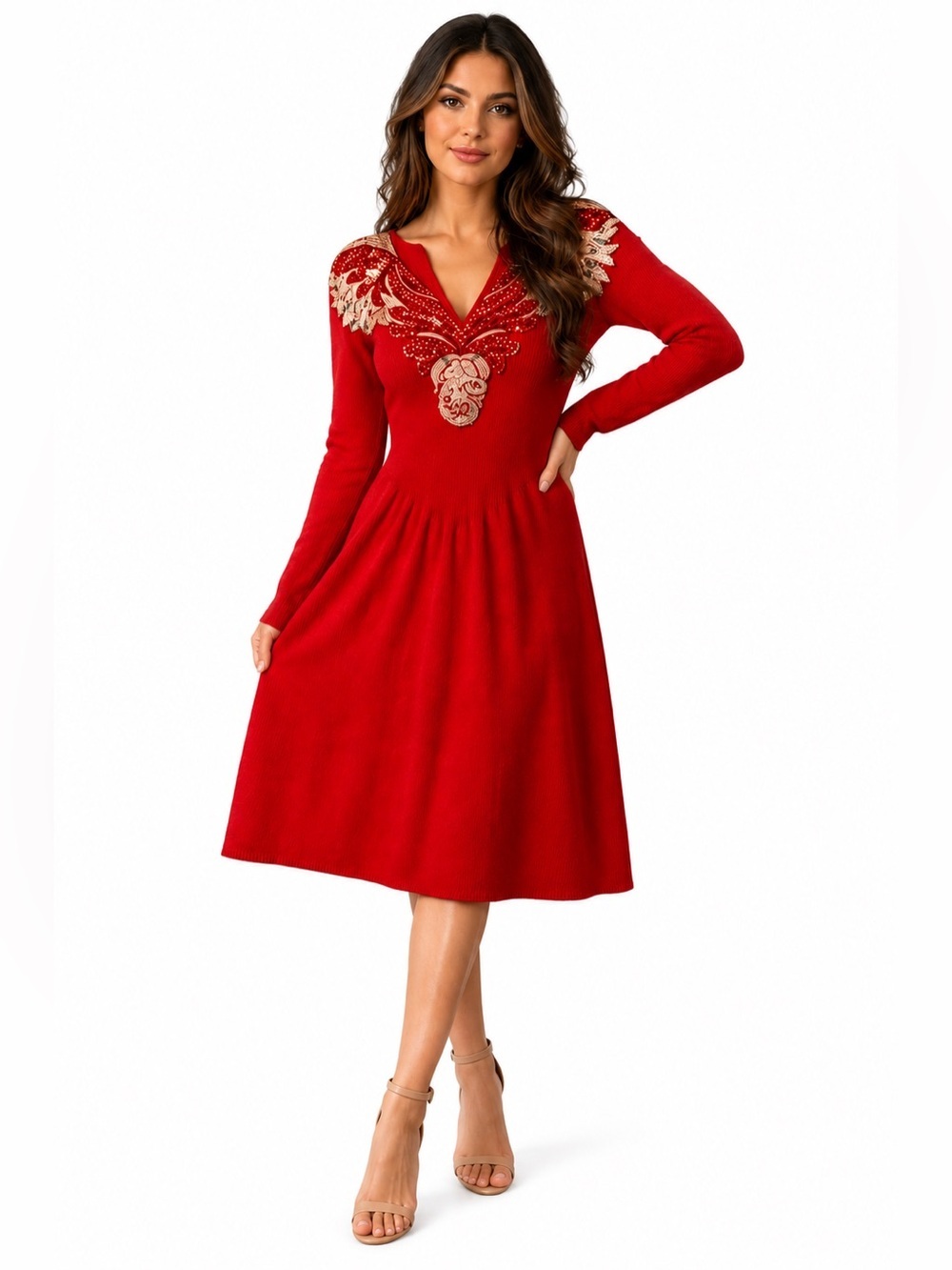 VINTAGE women’s PATS SANDLER red cinch waist v neck sequin long sleeve dress